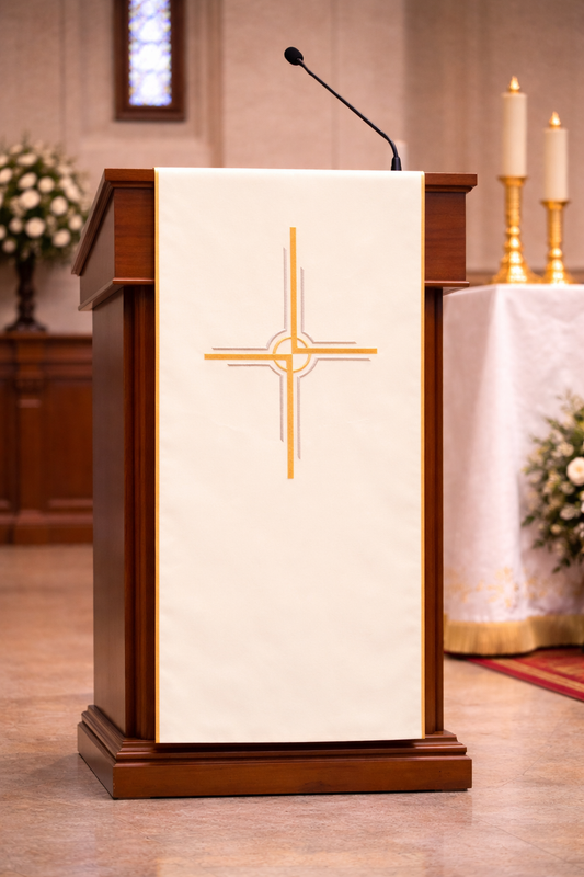 Lectern cover with embroidered Cipriano design. Made by Desta and sold by The Clergy Store