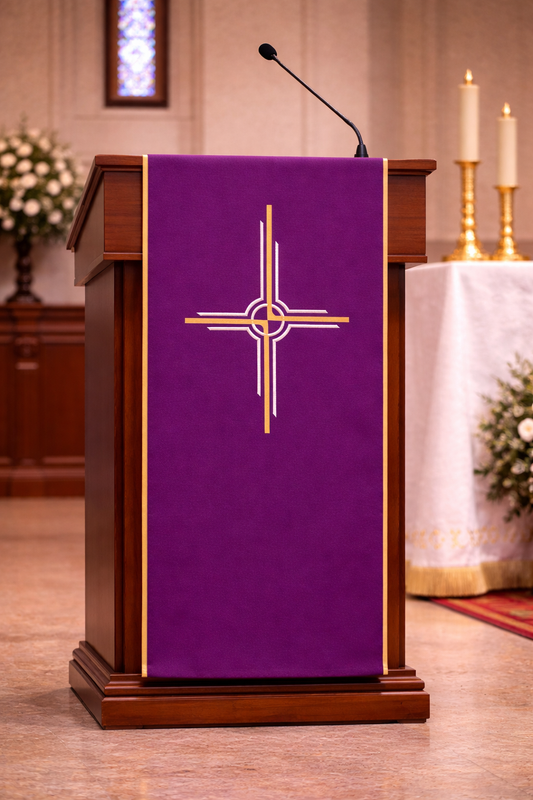 Lectern cover with embroidered Cipriano design. Made by Desta and sold by The Clergy Store