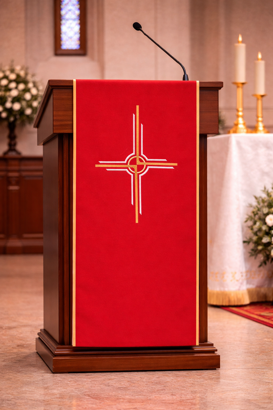 Lectern cover with embroidered Cipriano design. Made by Desta and sold by The Clergy Store