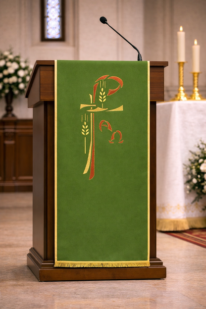 Green liturgical lectern cover with Alpha and Omega and Chi Rho embroidery, stalk of wheat design, and gold trim for church ambo or pulpit.