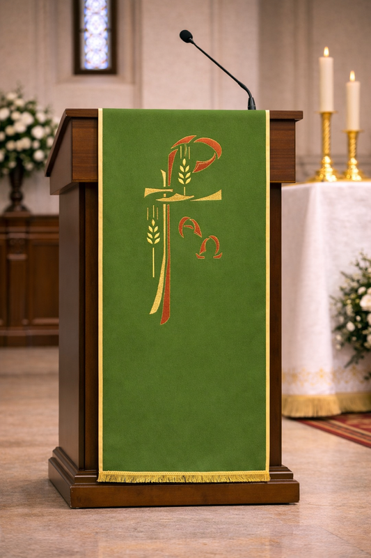 Green liturgical lectern cover with Alpha and Omega and Chi Rho embroidery, stalk of wheat design, and gold trim for church ambo or pulpit.