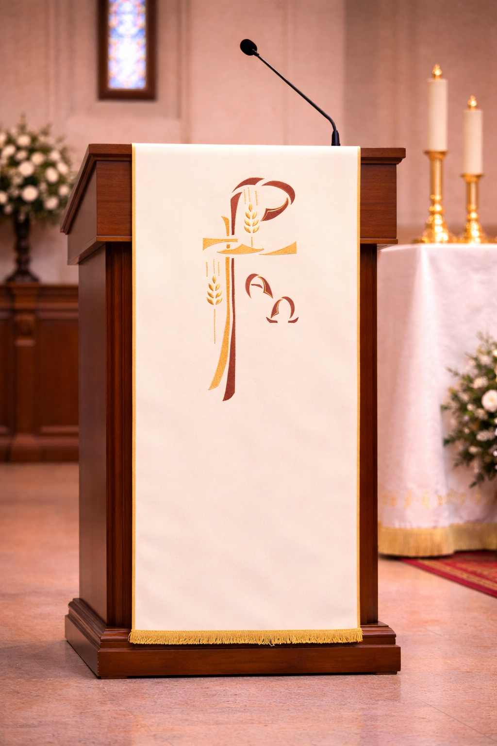 Ivory liturgical lectern cover with Alpha and Omega and Chi Rho embroidery, stalk of wheat design, and gold trim for church ambo or pulpit.