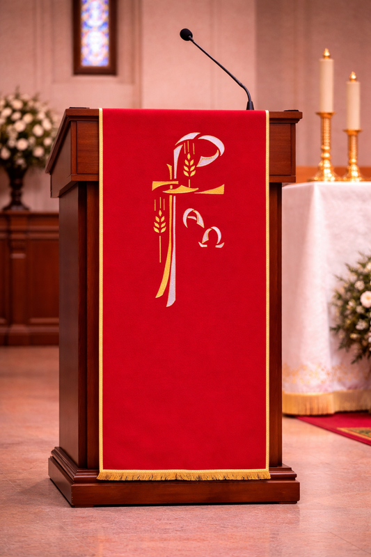 Red liturgical lectern cover with Alpha and Omega and Chi Rho embroidery, stalk of wheat design, and gold trim for church ambo or pulpit.