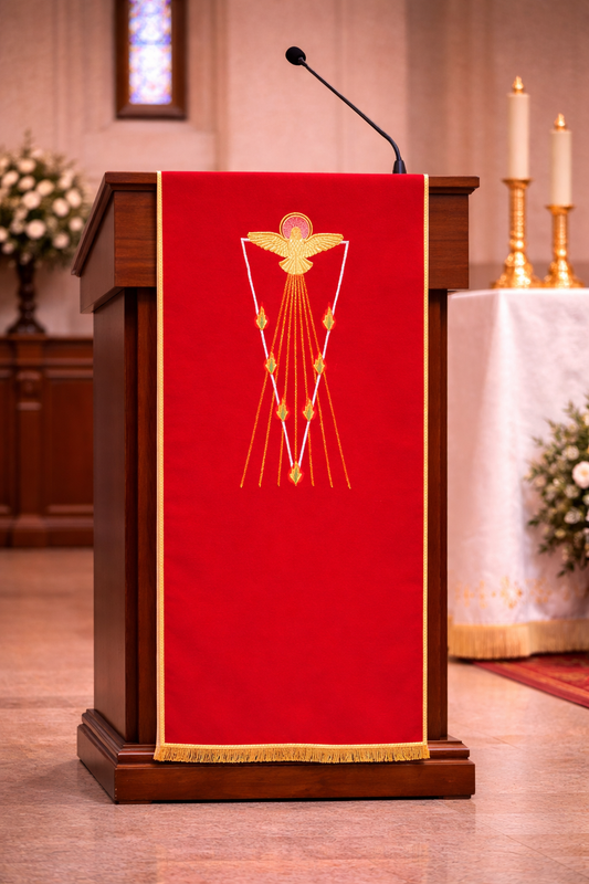 Lectern cover with embroidered Dove and Flames design. Made by Desta and sold by The Clergy Store