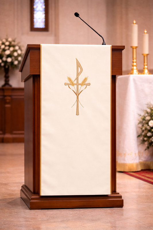 Lectern cover with embroidered Chi Rho and Stalk of Wheat design. Made by Desta and sold by The Clergy Store