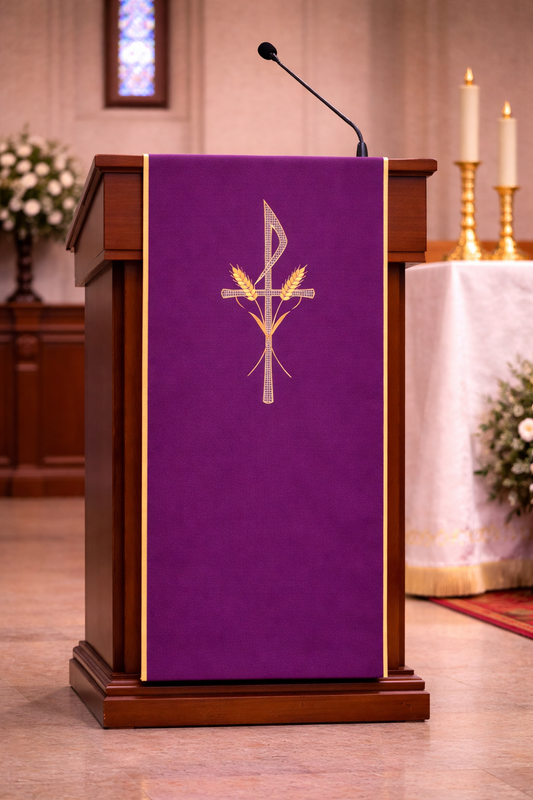 Lectern cover with embroidered Chi Rho and Stalk of Wheat design. Made by Desta and sold by The Clergy Store