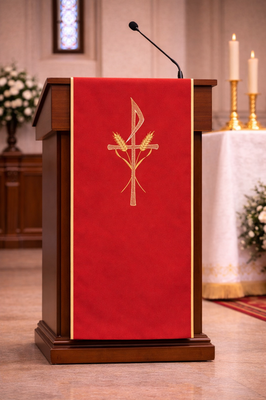 Lectern cover with embroidered Chi Rho and Stalk of Wheat design. Made by Desta and sold by The Clergy Store