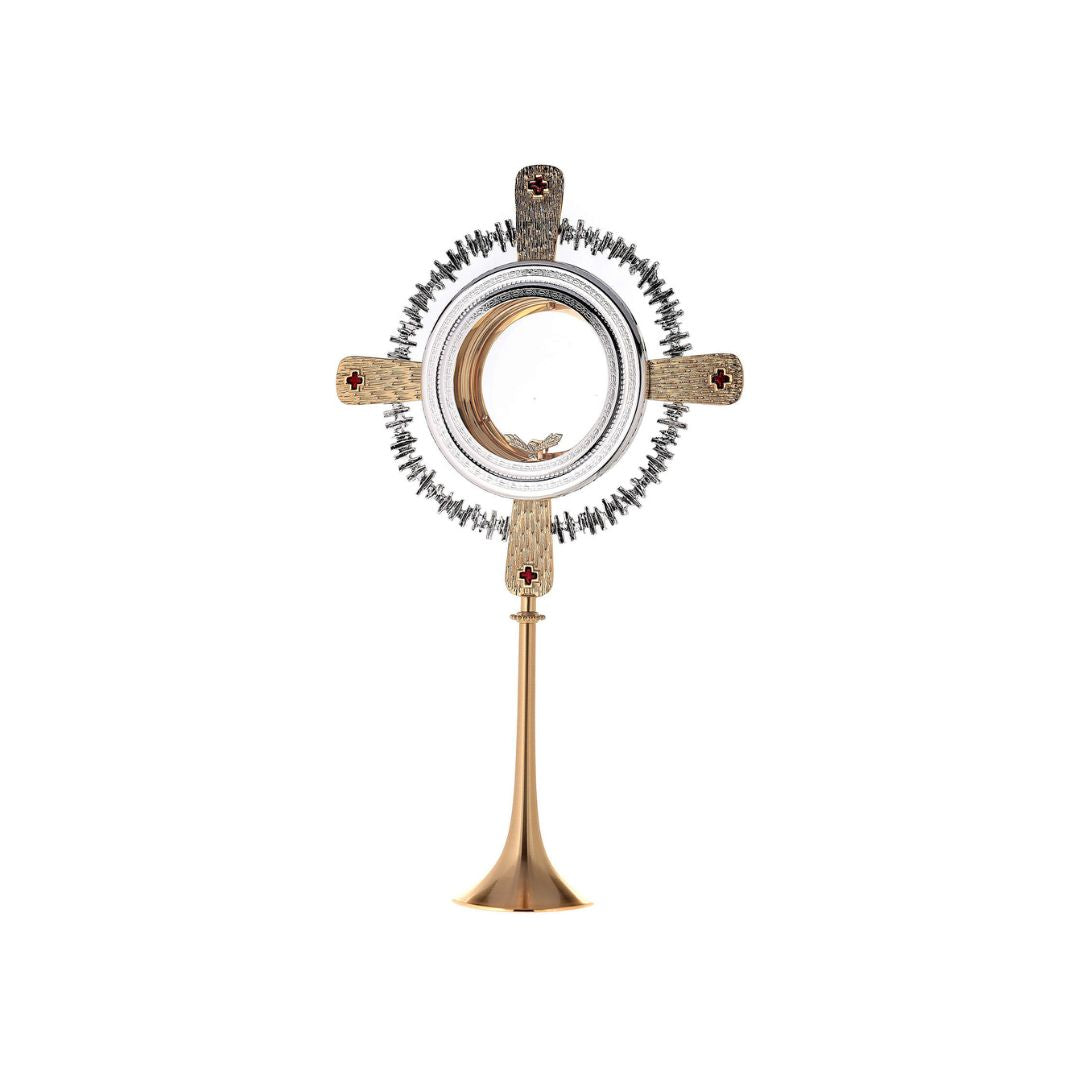 Monstrance modern with cardinal red enamel crosses style OS-14 made by Napoletana Arte Sacra Italy