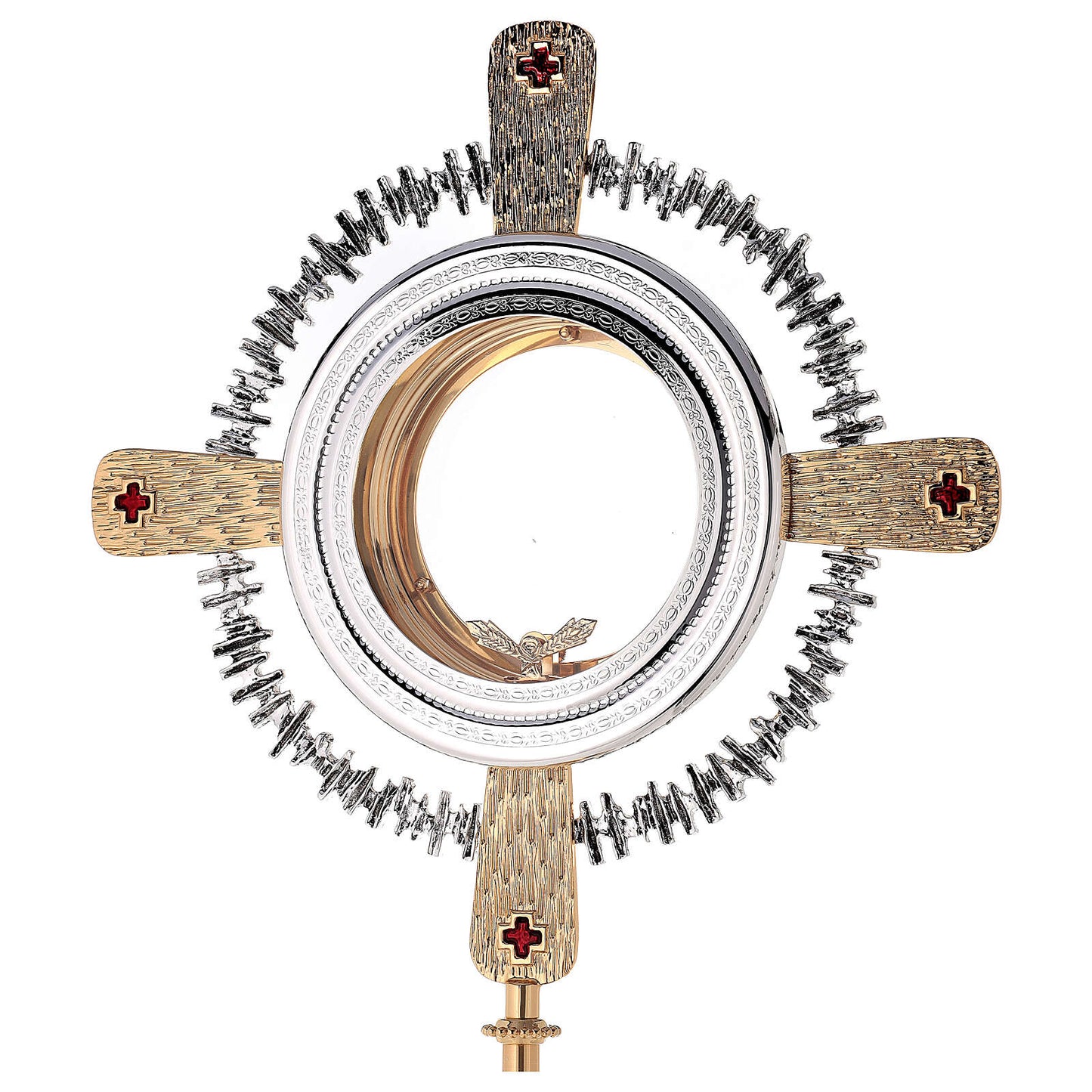 Monstrance modern with cardinal red enamel crosses style OS-14 made by Napoletana Arte Sacra Italy