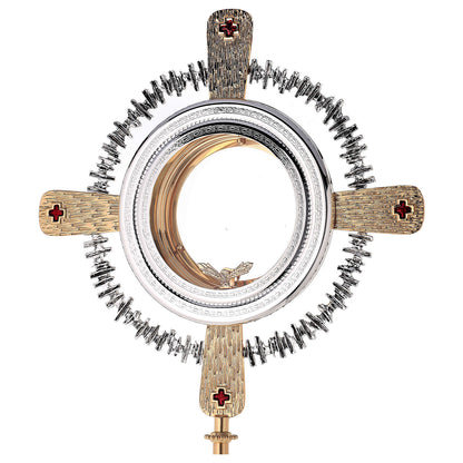 Monstrance modern with cardinal red enamel crosses style OS-14 made by Napoletana Arte Sacra Italy