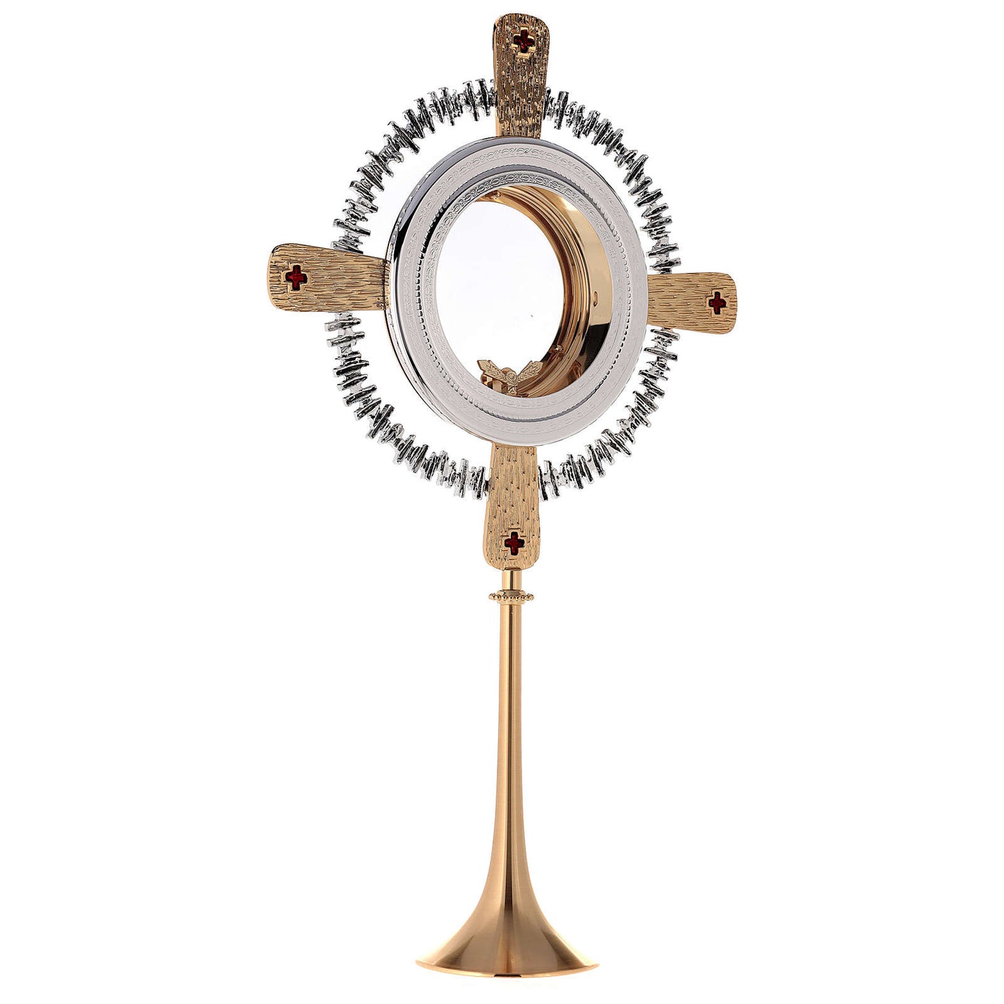 Monstrance modern with cardinal red enamel crosses style OS-14 made by Napoletana Arte Sacra Italy