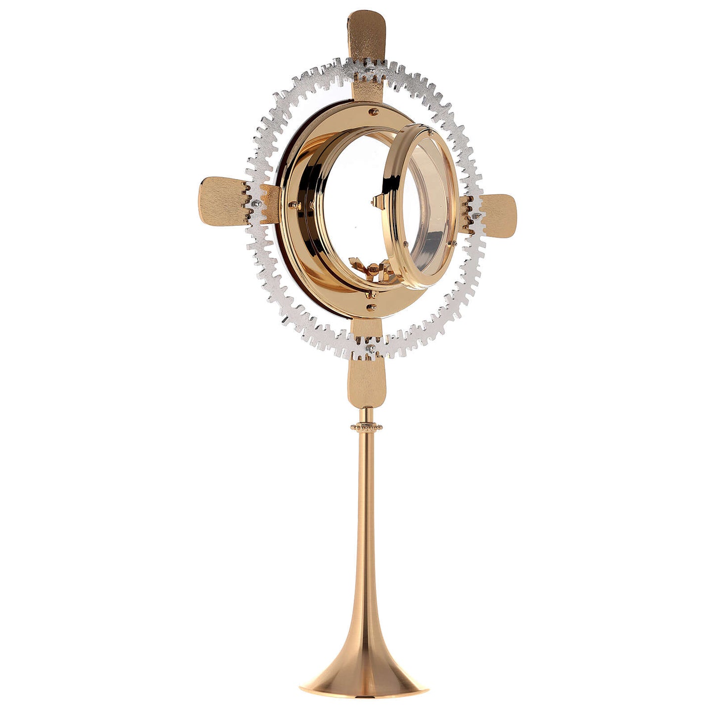 Monstrance modern with cardinal red enamel crosses style OS-14 made by Napoletana Arte Sacra Italy