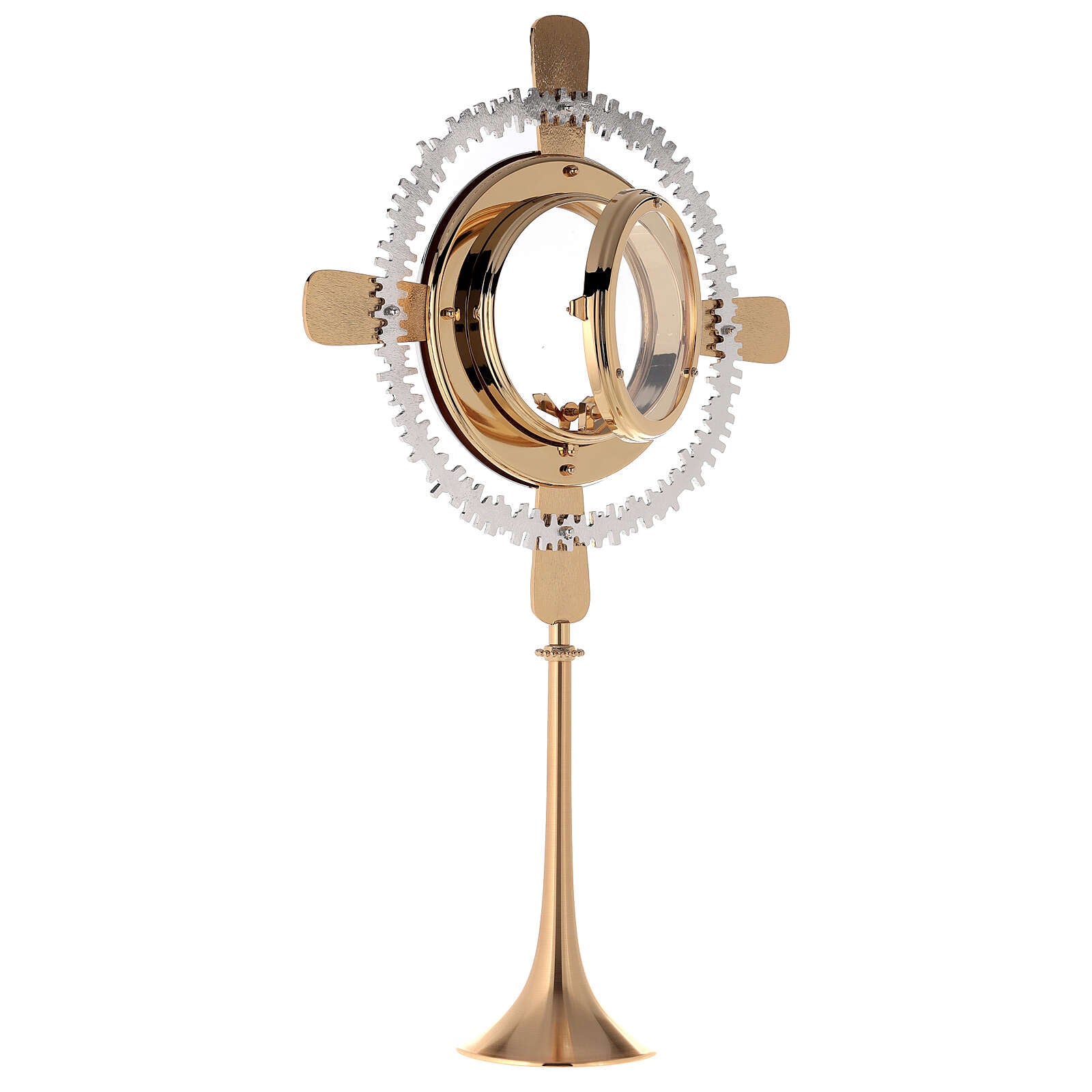 Monstrance modern with cardinal red enamel crosses style OS-14 made by Napoletana Arte Sacra Italy