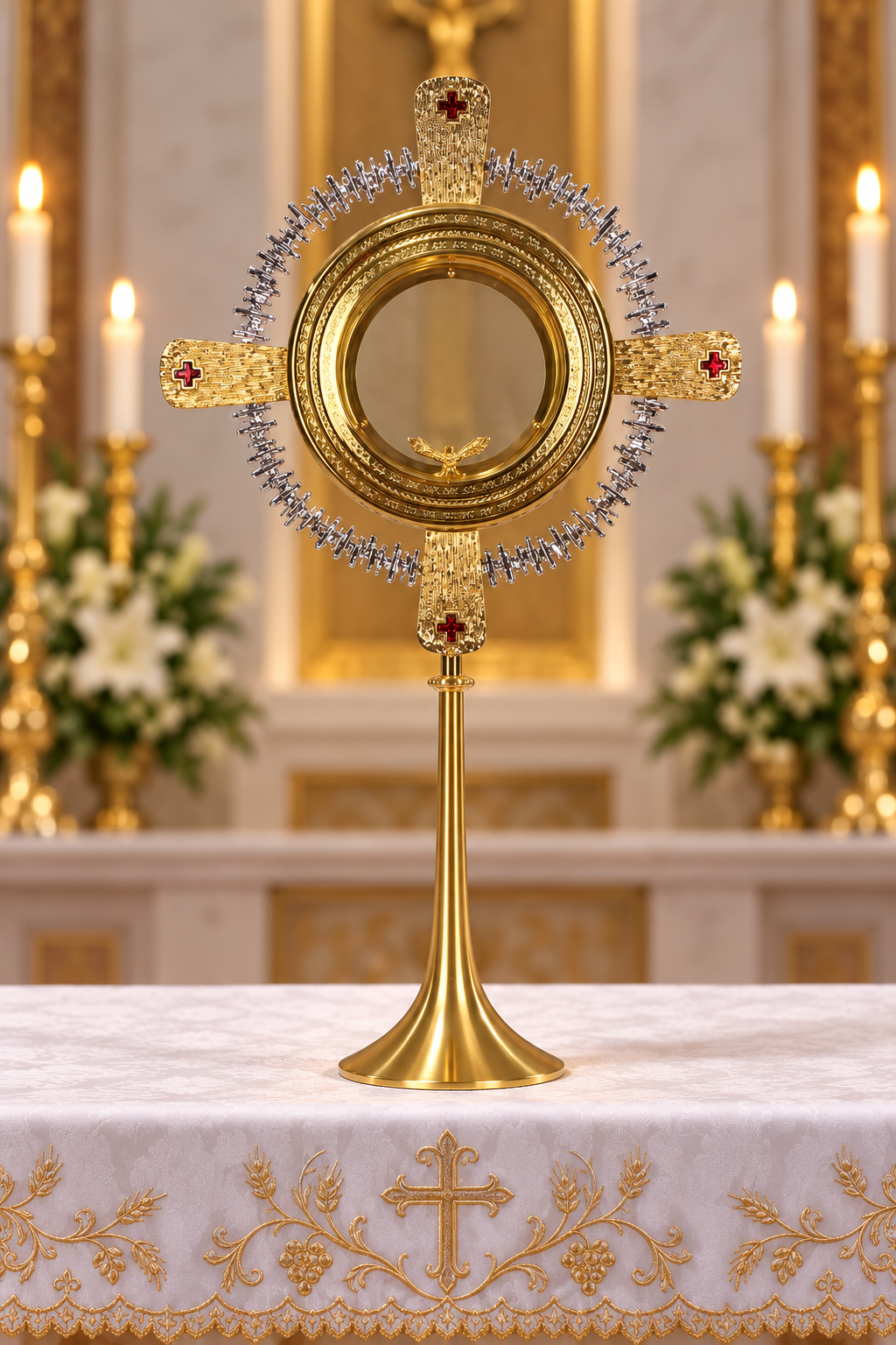 A gold monstrance altar piece with a circular mirror and decorative gold cross arms, displayed on a white embroidered tablecloth in a church setting with candles and floral arrangements in the background.