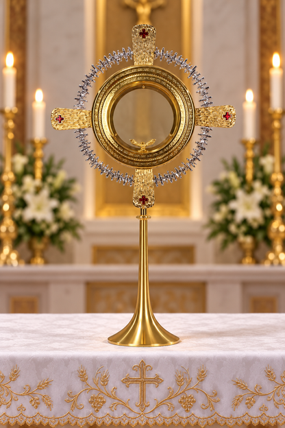 A gold monstrance altar piece with a circular mirror and decorative gold cross arms, displayed on a white embroidered tablecloth in a church setting with candles and floral arrangements in the background.