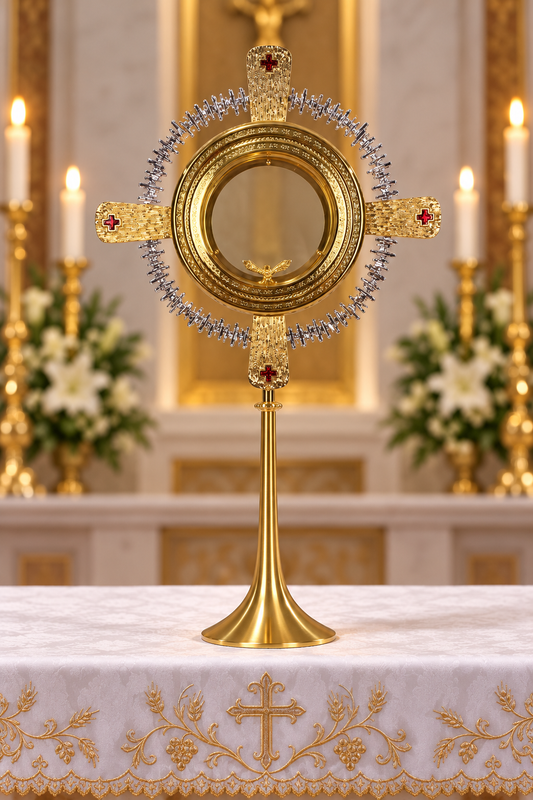 A gold monstrance altar piece with a circular mirror and decorative gold cross arms, displayed on a white embroidered tablecloth in a church setting with candles and floral arrangements in the background.