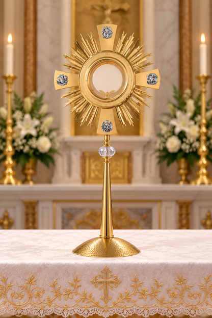 A gold monstrance altar piece with a sunburst frame and decorative blue gemstone accents, displayed on a white embroidered tablecloth in a church setting with candles and floral arrangements in the background.