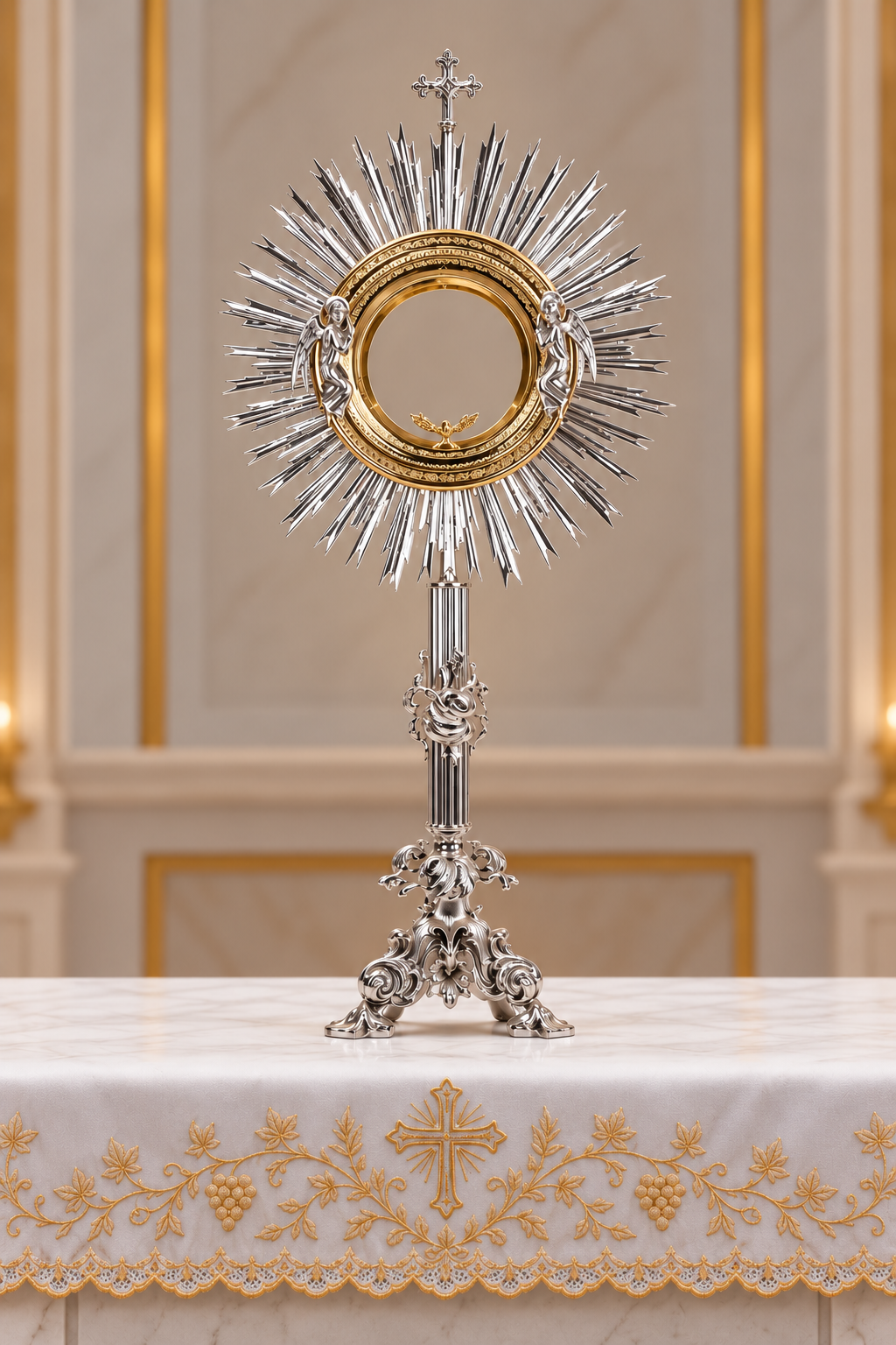Monstrance in silver plated brass with angels.