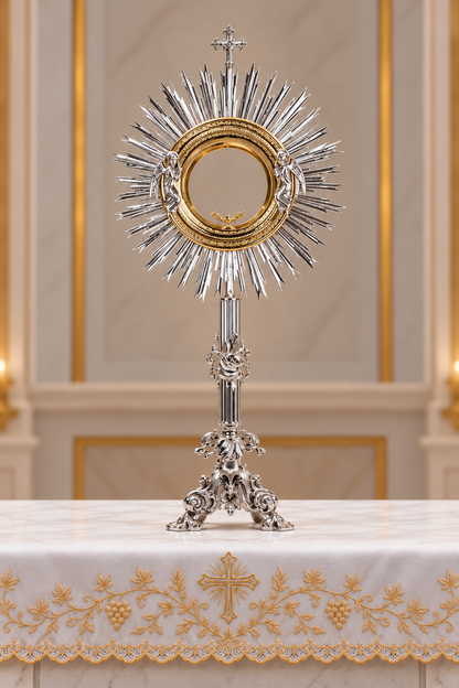 Monstrance in silver plated brass with angels.