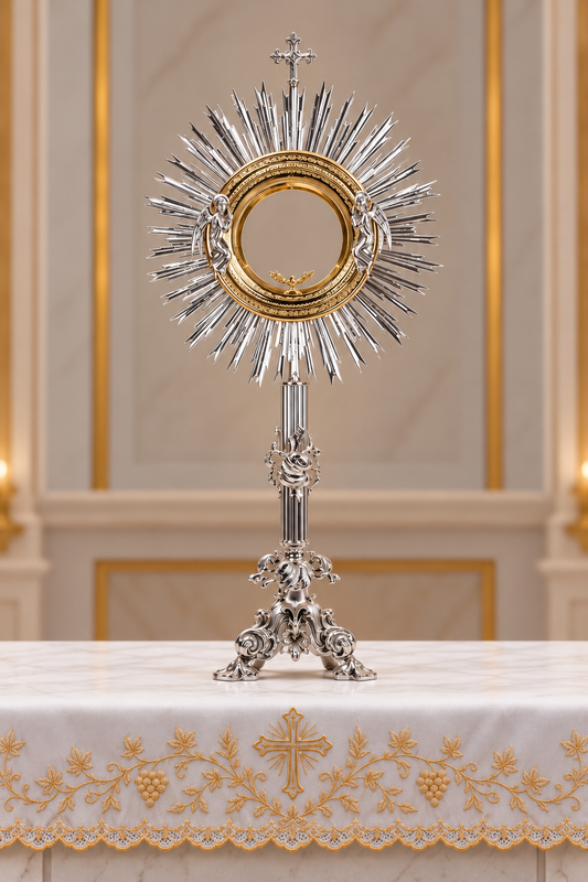 Monstrance in silver plated brass with angels.