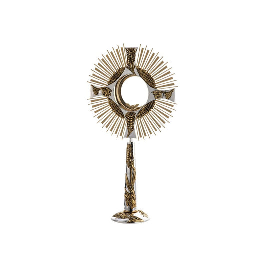 Monstrance with grapes and ears of wheat two tone gold and silver plated style OS-19 made by Napoletana Arte Sacra Italy