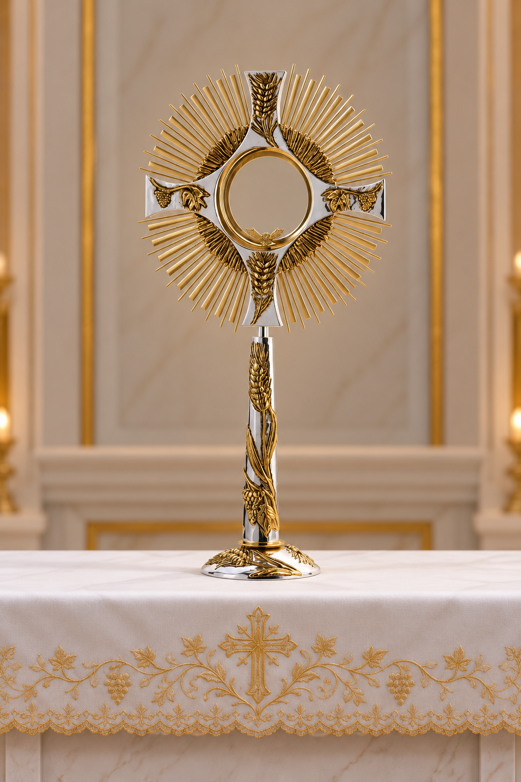 A gold and silver metallic monstrance chalice, used in Catholic communion, displayed on a white altar cloth with gold embroidery against a softly blurred church interior background.