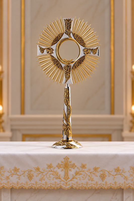 A gold and silver metallic monstrance chalice, used in Catholic communion, displayed on a white altar cloth with gold embroidery against a softly blurred church interior background.