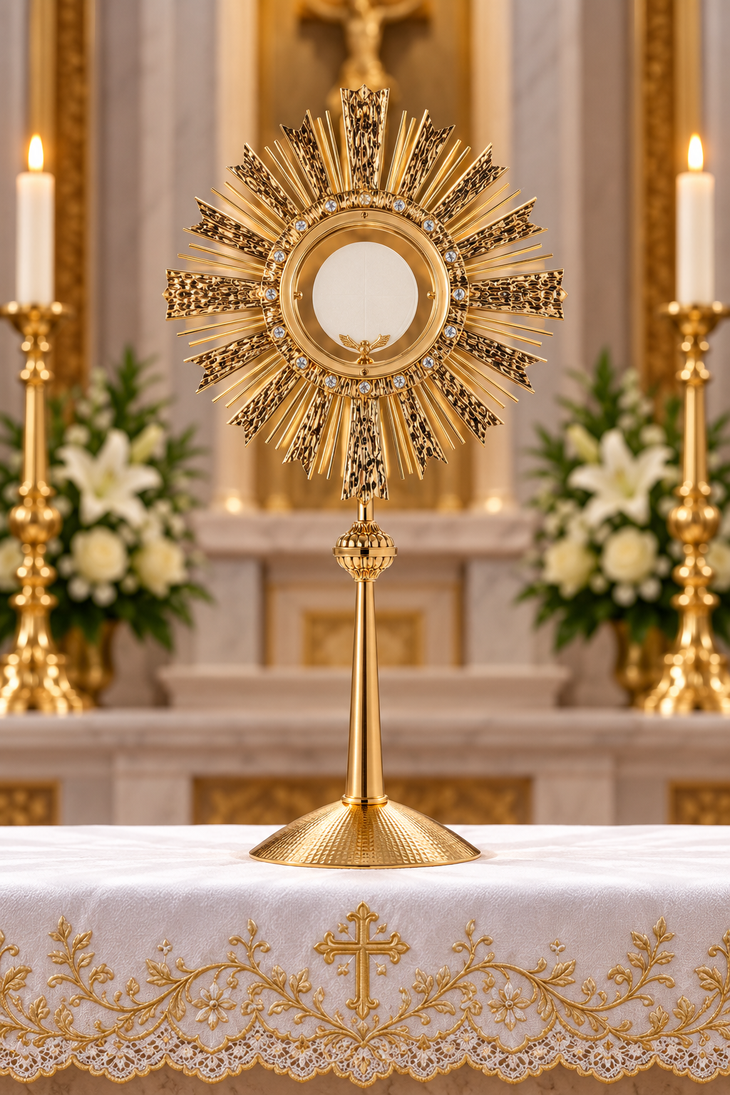 Monstrance for Magna host with white crystal stones and worked rays