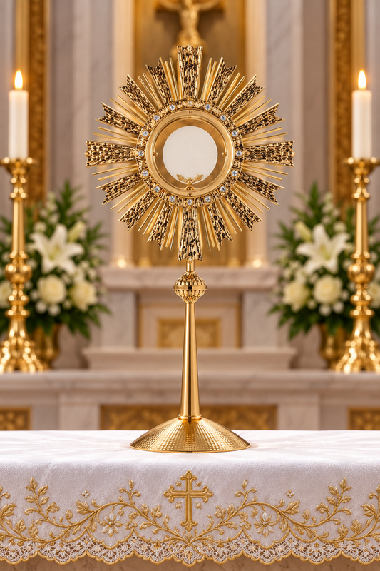 Monstrance for Magna host with white crystal stones and worked rays