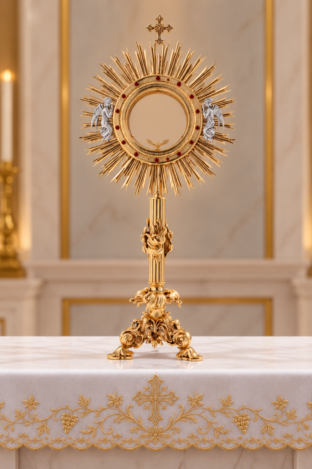 An ornate gold monstrance or monstrans with a circular mirror, sunburst rays, and decorative details, displayed on a white altar cloth with gold embroidery in a church interior.