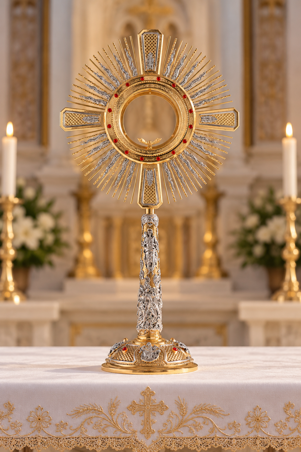 An ornate gold and silver monstrance, a religious altar piece used to display the Eucharist, displayed on a white embroidered altar cloth with lit candles in the blurred background of a church.