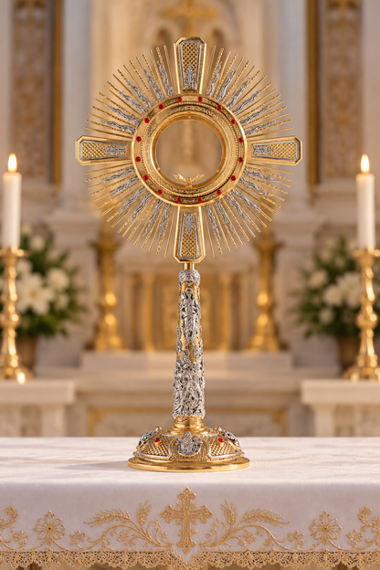 An ornate gold and silver monstrance, a religious altar piece used to display the Eucharist, displayed on a white embroidered altar cloth with lit candles in the blurred background of a church.
