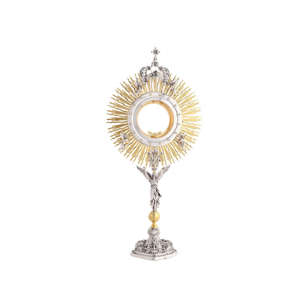 Monstrance ascent of the Angels 24K gold plated with silver casting. Style# OS-38. Mady by Napoletana Arte Sacra Italy
