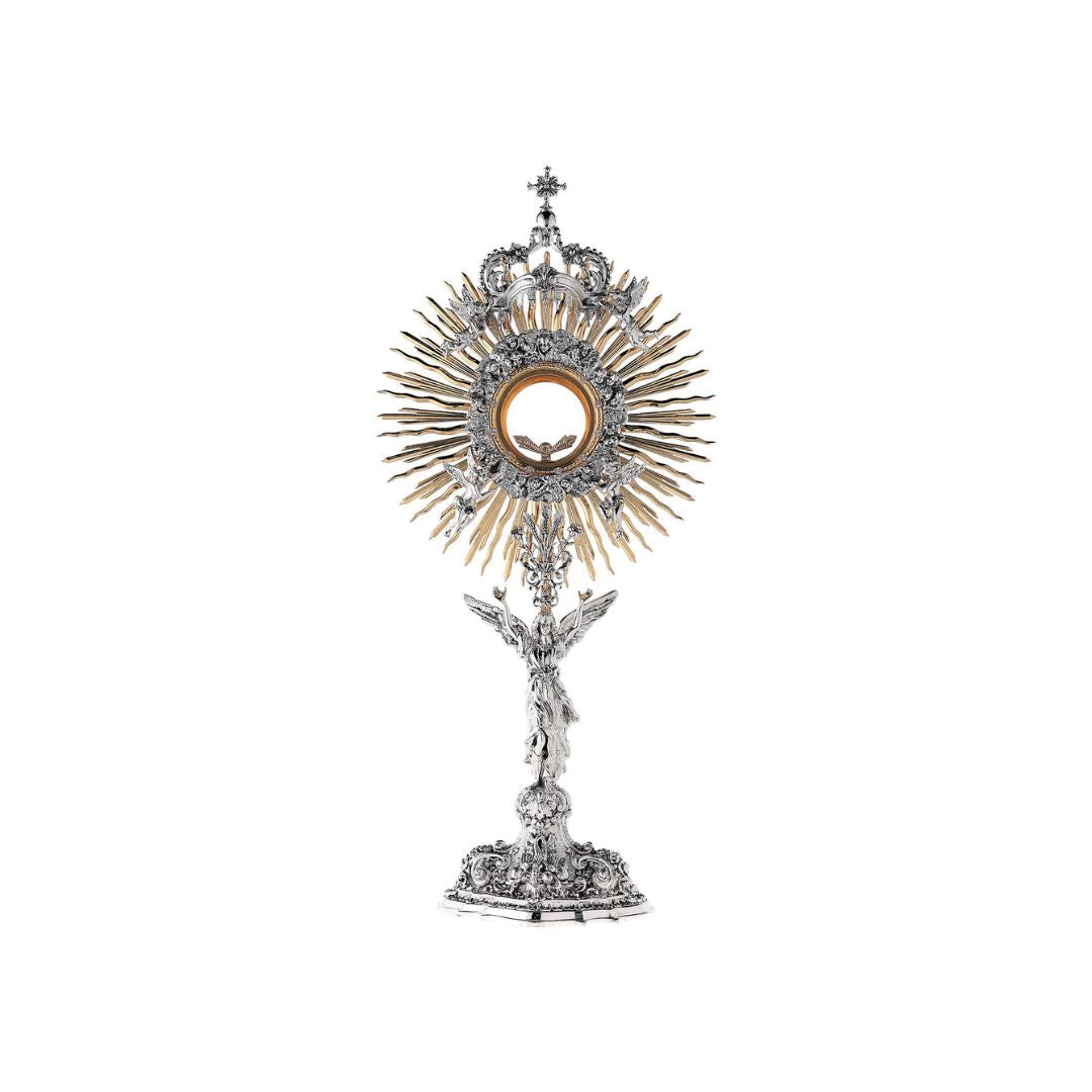 Monstrance ascent of the Angels 24K gold plated with silver casting. Style# OS-38. Mady by Napoletana Arte Sacra Italy