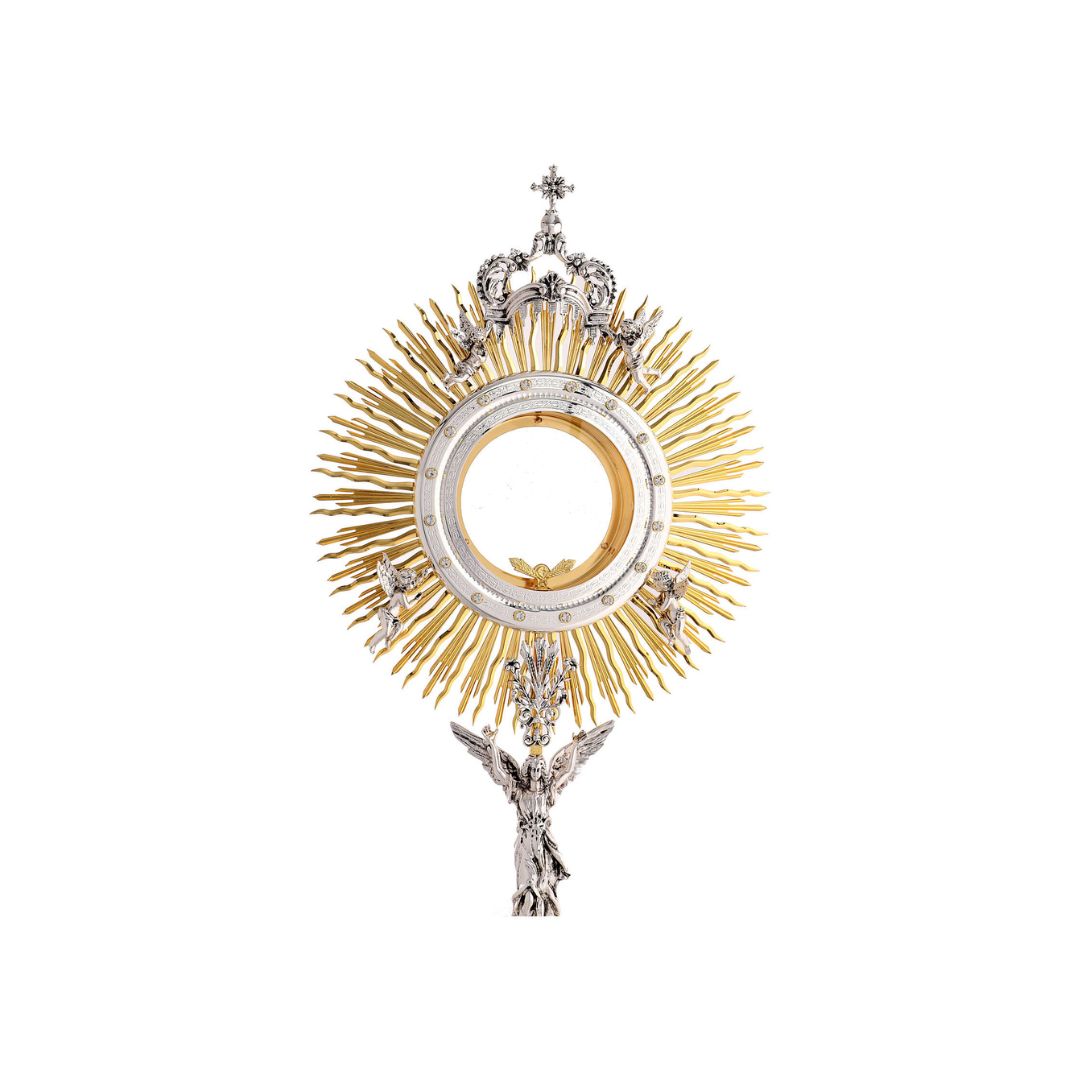 Monstrance ascent of the Angels 24K gold plated with silver casting. Style# OS-38. Mady by Napoletana Arte Sacra Italy