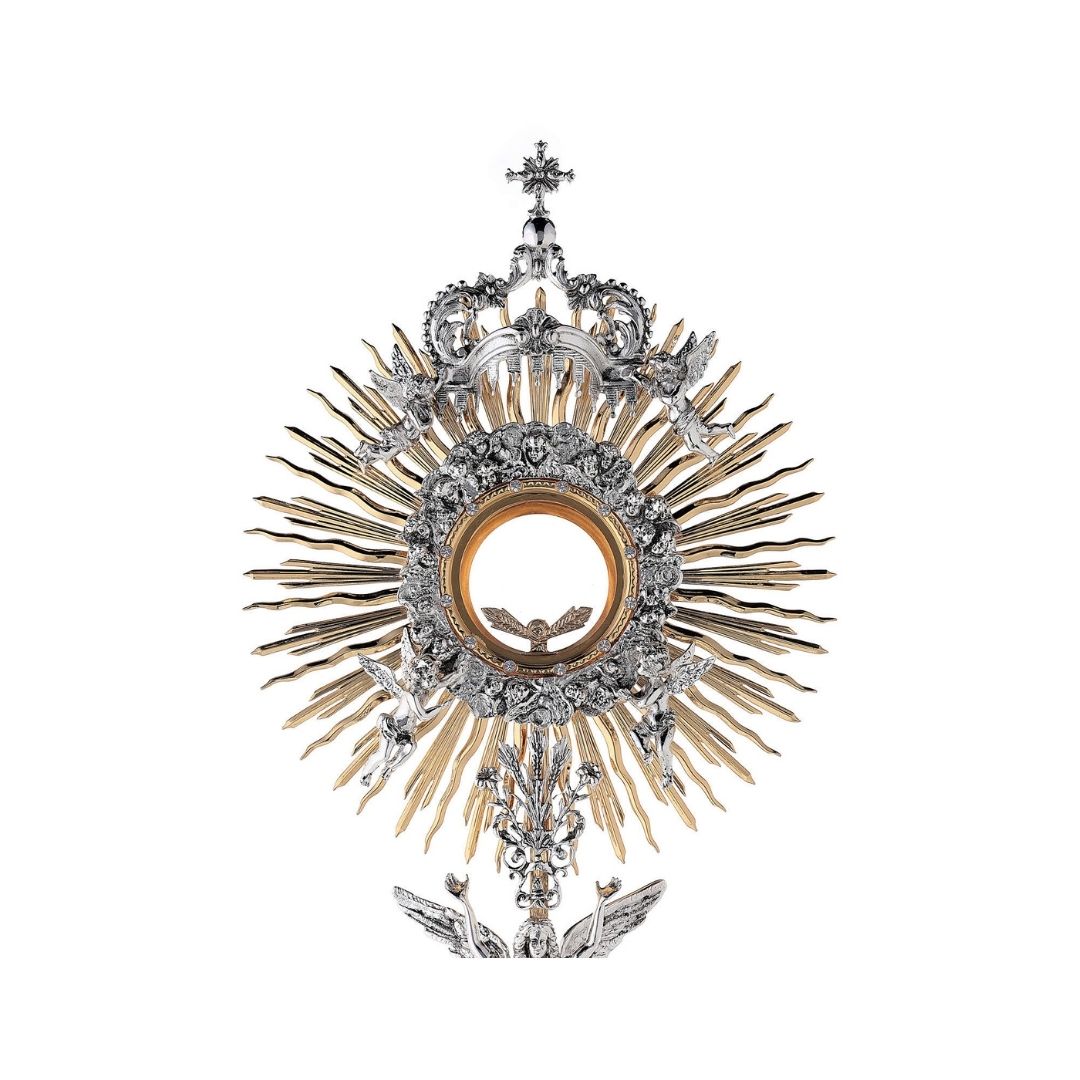 Monstrance ascent of the Angels 24K gold plated with silver casting. Style# OS-38. Mady by Napoletana Arte Sacra Italy