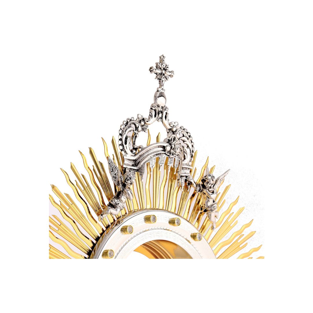 Monstrance ascent of the Angels 24K gold plated with silver casting. Style# OS-38. Mady by Napoletana Arte Sacra Italy