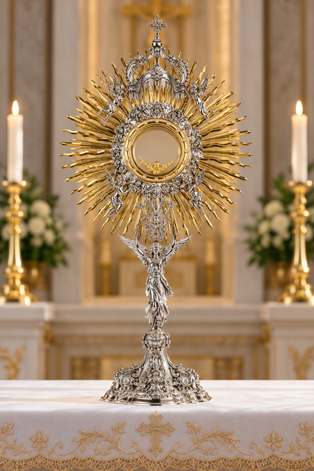 An ornate religious monstrance or chalice stand with a gold sunburst halo and silver-toned sculpted base, displayed on a white altar cloth in a softly blurred church interior with candles and flowers.