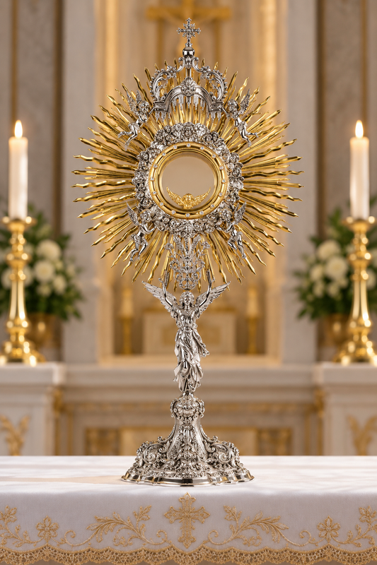 An ornate religious monstrance or chalice stand with a gold sunburst halo and silver-toned sculpted base, displayed on a white altar cloth in a softly blurred church interior with candles and flowers.