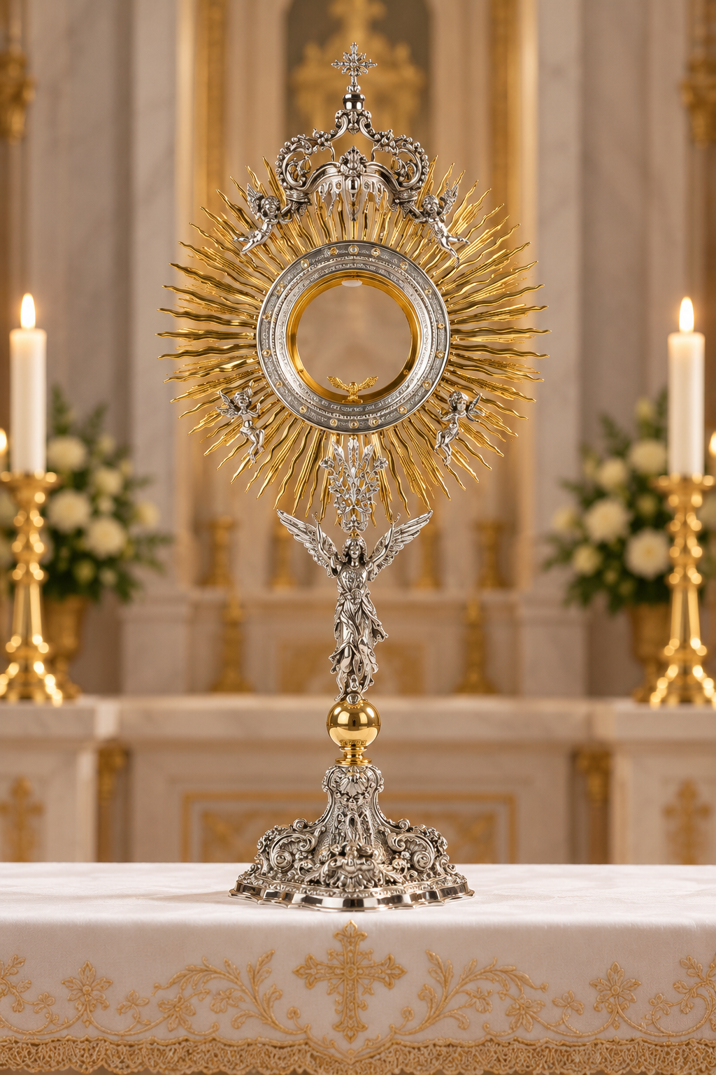 Monstrance with Silver angel in 24K Gold plated Baroque