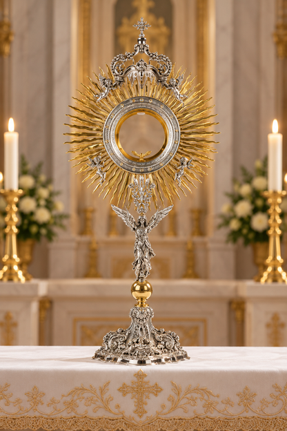 Monstrance with Silver angel in 24K Gold plated Baroque