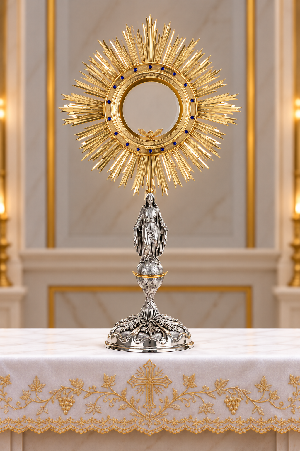 Monstrance of the Immaculate Conception blue stones with two-tone brass rays.