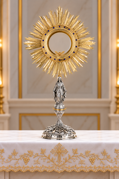Monstrance of the Immaculate Conception blue stones with two-tone brass rays.