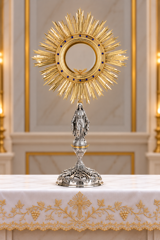 Monstrance of the Immaculate Conception blue stones with two-tone brass rays.