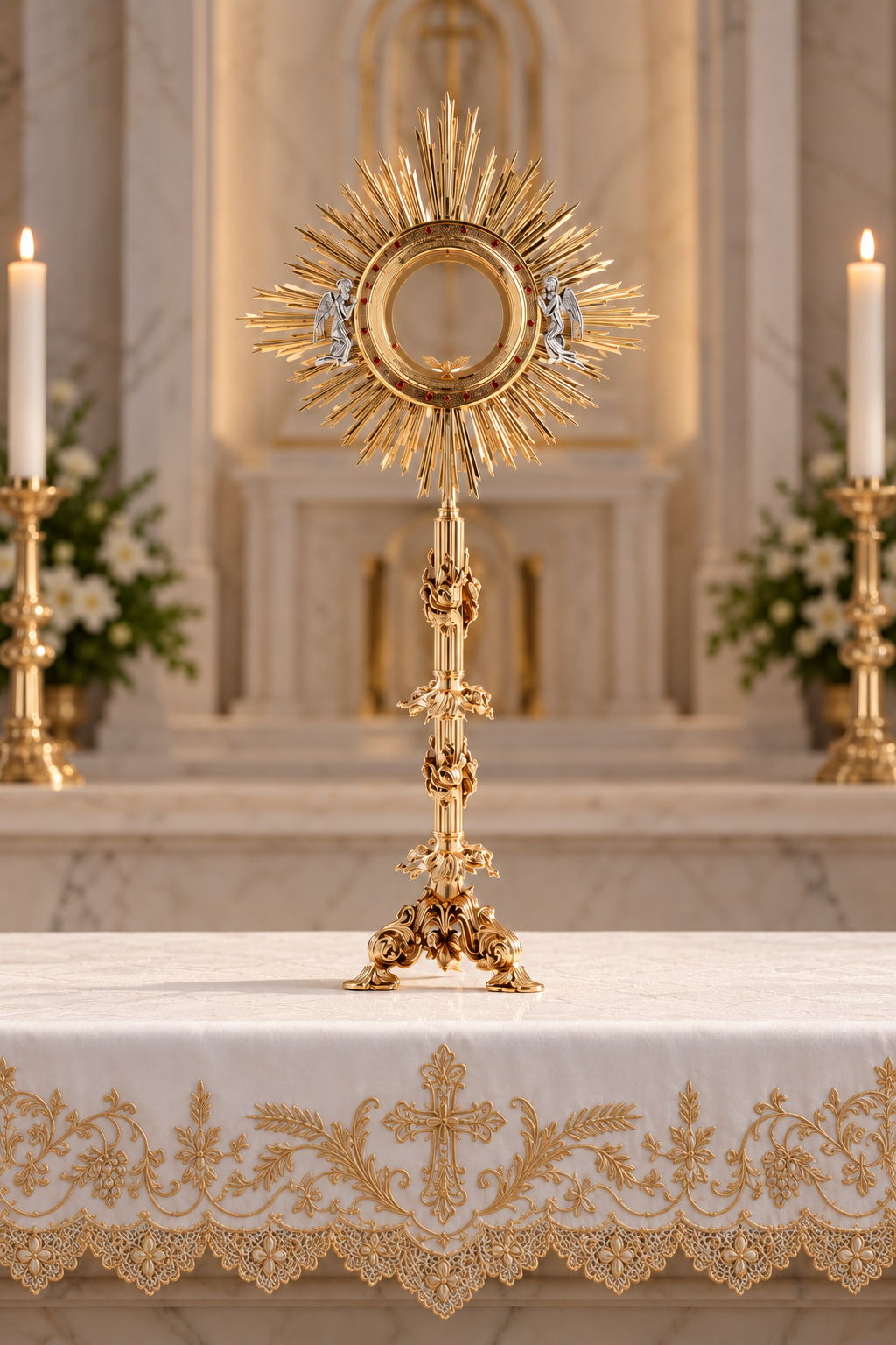 Baroque monstrance with red stones and silver angels