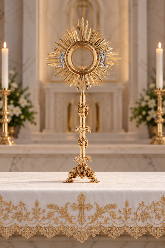 Baroque monstrance with red stones and silver angels