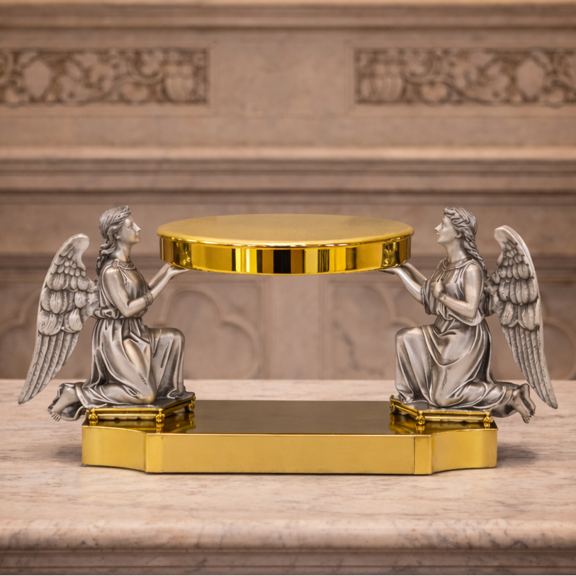 Decorative table with angel sculptures on a classical architecture background