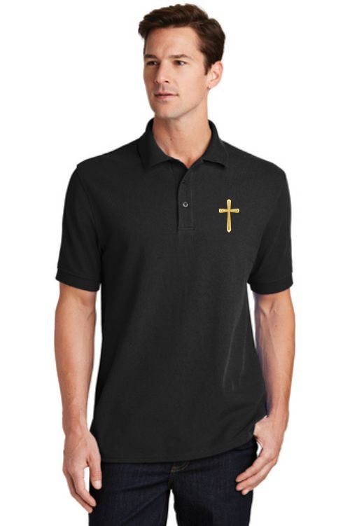 Clergy apparel polo shirt 100% cotton with gold cross embroidery.  Sold by The Clergy Store