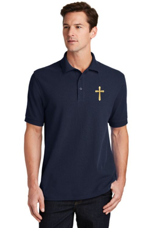 Clergy apparel polo shirt 100% cotton with gold cross embroidery.  Sold by The Clergy Store