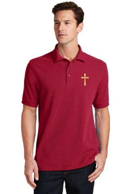 Clergy apparel polo shirt 100% cotton with gold cross embroidery.  Sold by The Clergy Store